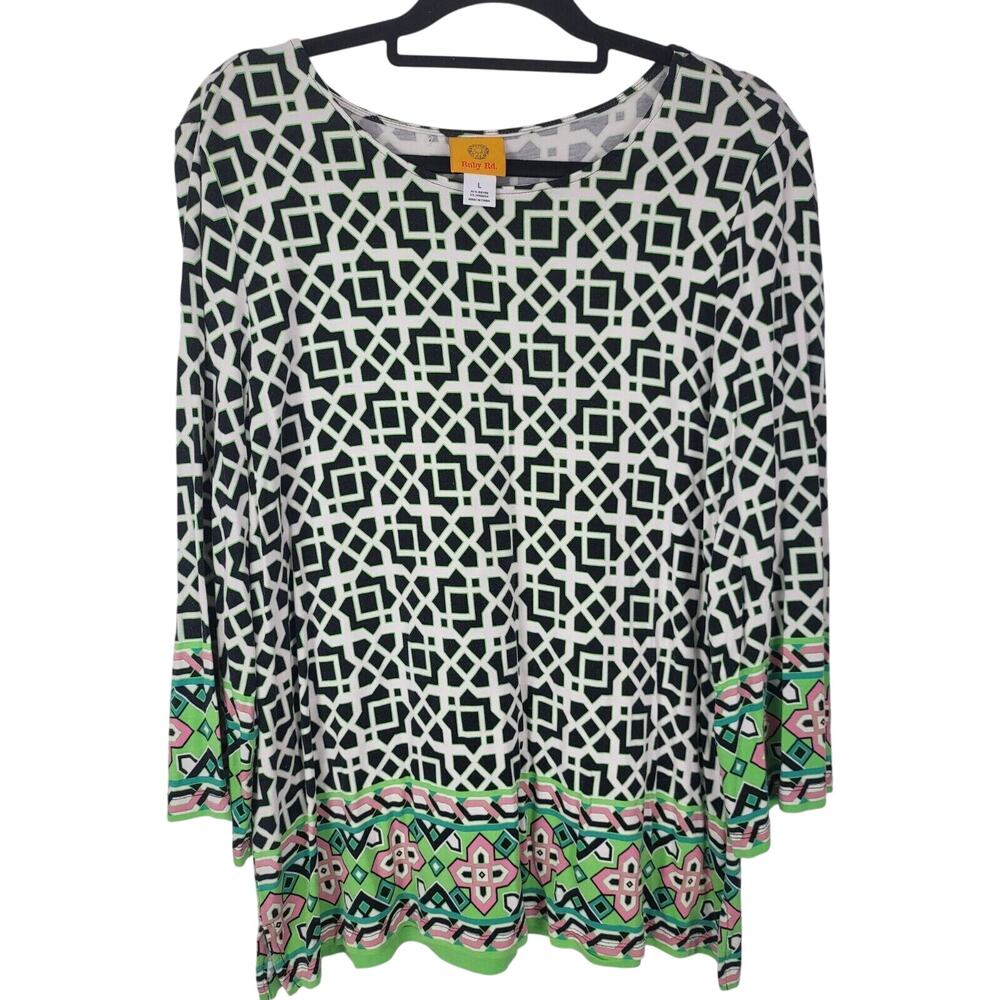 Ruby Rd Art Deco Blouse L Womens Multicolor Long Sleeve Crew‎ Neck Side Slits